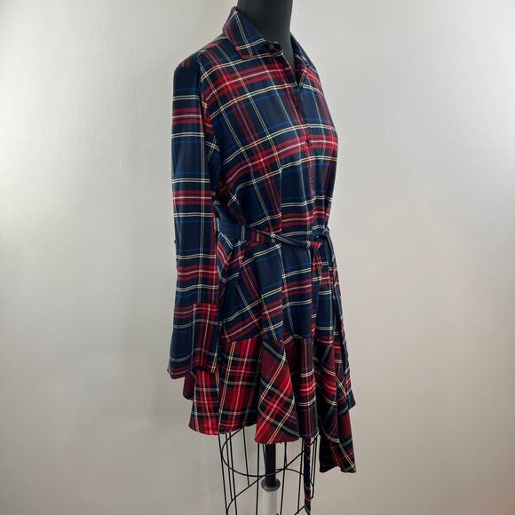 ZARA Navy Blue Red Tartan Plaid Asymmetric ButtonUp Tie Waist Midi Shirt Dress S - Picture 4 of 8